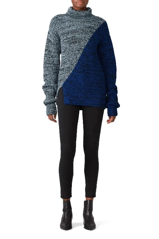 Bicolor Turtleneck Sweater In BlueRibbed Cuff Knit Tops