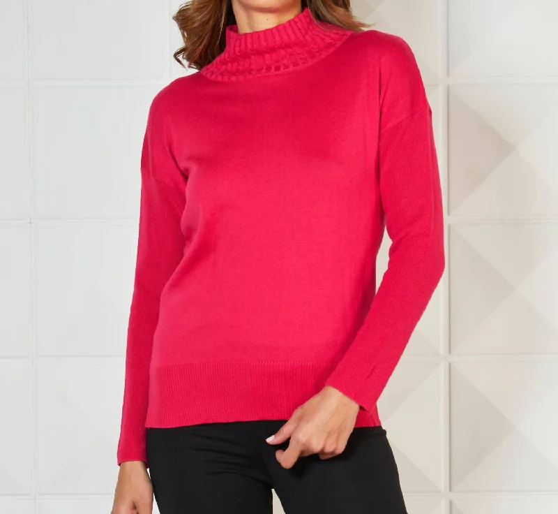 Braided Mock Neck Ribbed Sleeve Top In RoseWool Knit Tops