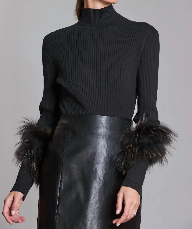 Cashmere Mock Neck With Fur Sweater In BlackUrban Knit Tops