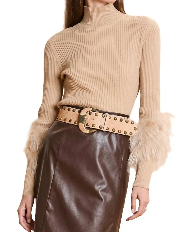 Cashmere Mock Neck With Fur Sweater In SableBoat Neck Knit Tops