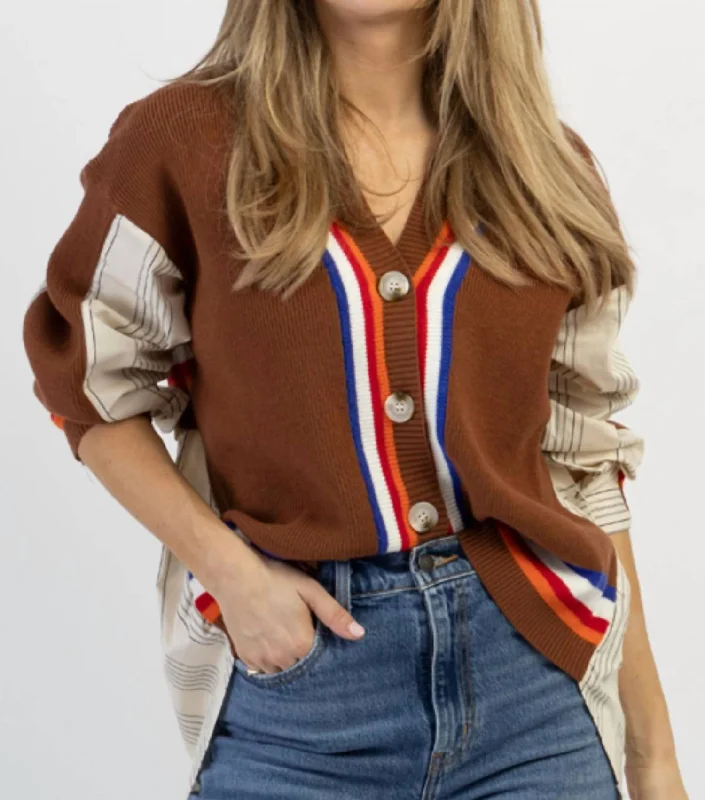 Charlie Hi-Lo Contrast Cardi In ChocoWinter Knit Tops