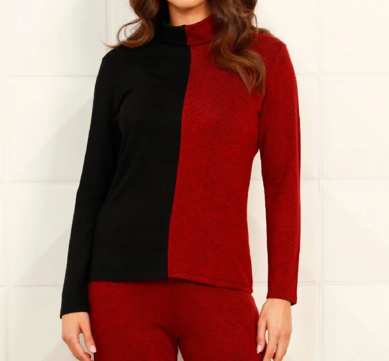 Color Block Turtleneck In Black/wineRetro Knit Tops