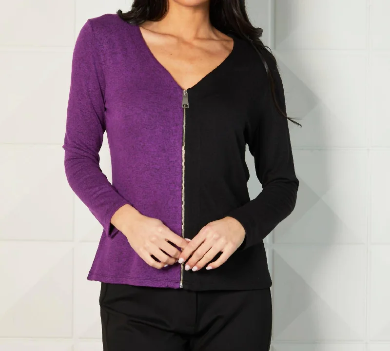 Color Block V-Neck Zip Cardigan In Black/violetSports Team Knit Tops