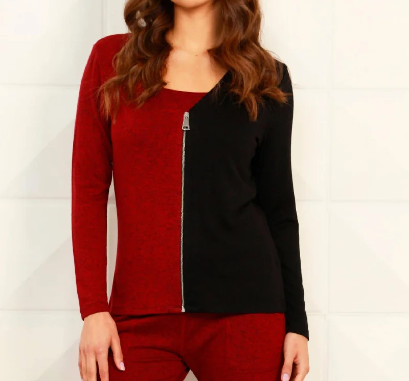 Color Block V-Neck Zip Cardigan In Black/wineEmbroidered Knit Tops