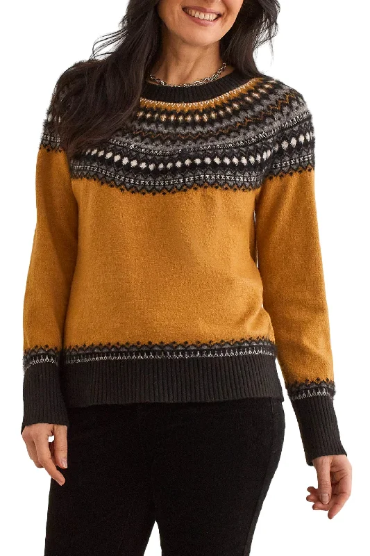 Crew Neck Jacquard Sweater In MarigoldRetro Knit Tops