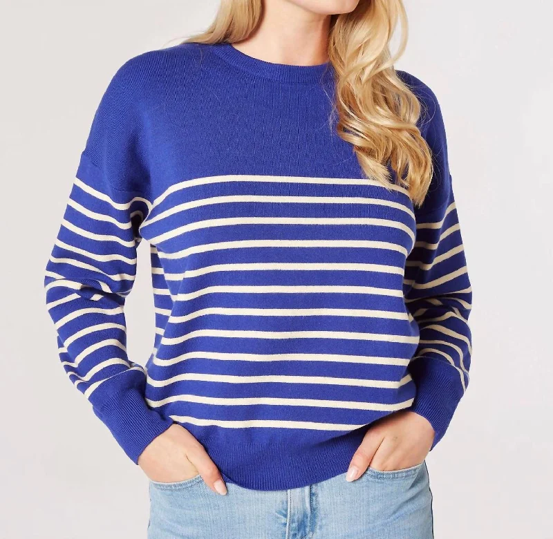 Crew Neck Striped Sweater In CobaltLuxury Knit Tops