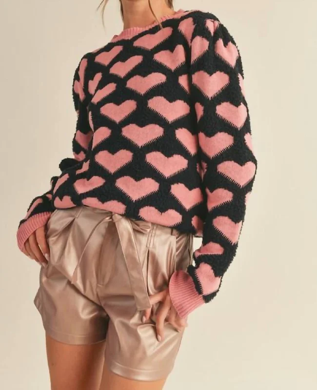 Crewneck Knit Heart Sweater In Black/pinkMetallic Knit Tops