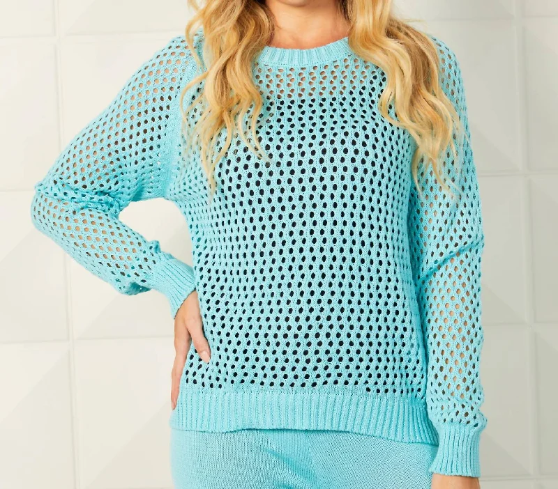 Crochet Crew Neck Sweater In AquaStatement Knit Tops