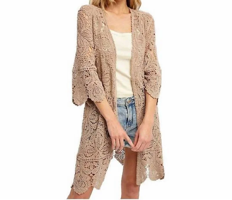 Crochet Lace Kimono In LatteCropped Knit Tops