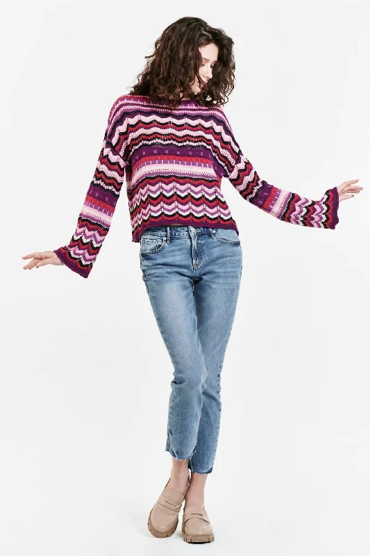 Daisy Drop Shoulder Sweater In Multicolor StripeCamping Knit Tops