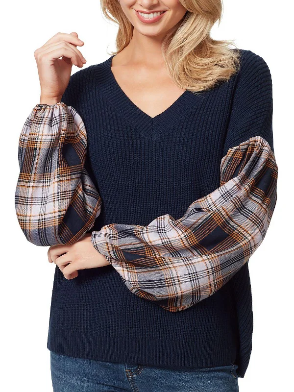 Emmeline Womens Plaid V-Neck Pullover SweaterMohair Knit Tops