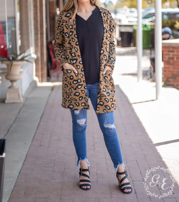 Fireplace Chillin Sweater Cardigan With Pockets In LeopardAthletic Knit Tops