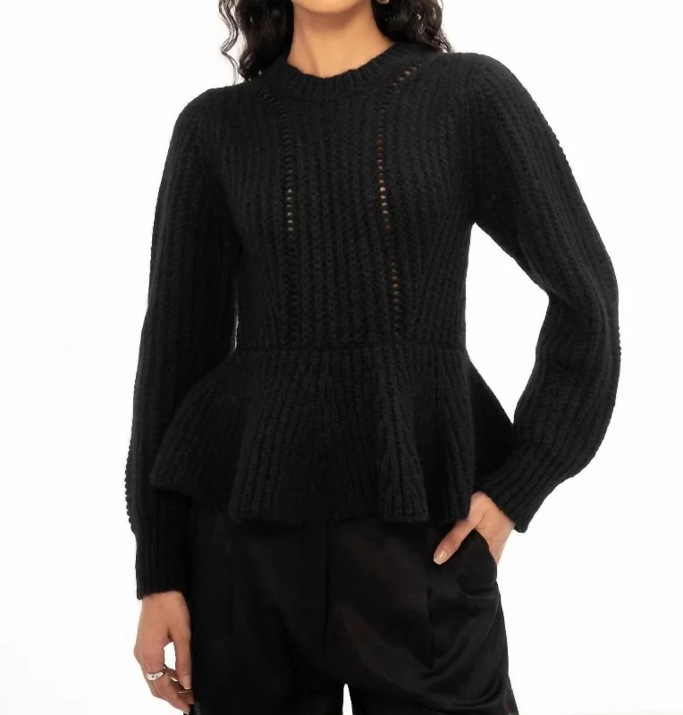 Freya Peplum Crew Neck Sweater In BlackRibbed Knit Tops