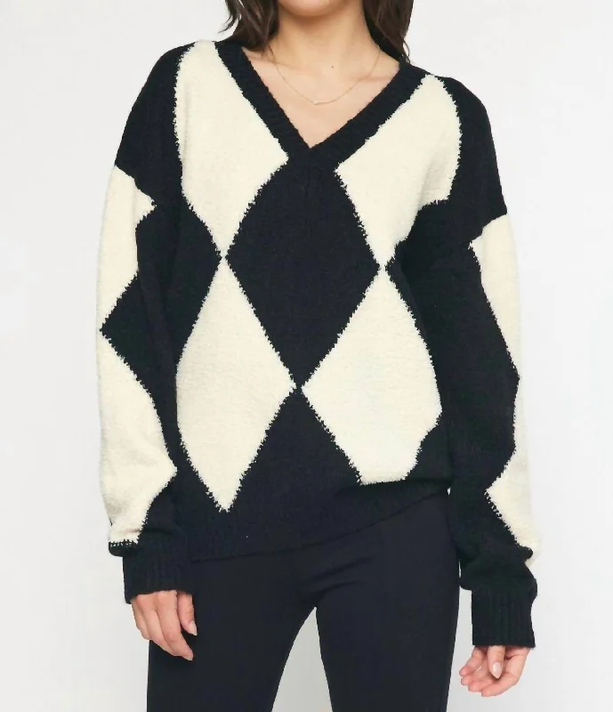 Fuzzy Argyle Sweater In BlackLinen Knit Tops