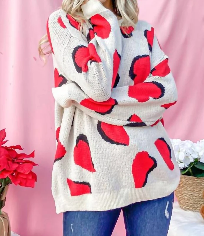 Heart Pattern Knit Sweater Top In RedOutdoor Knit Tops