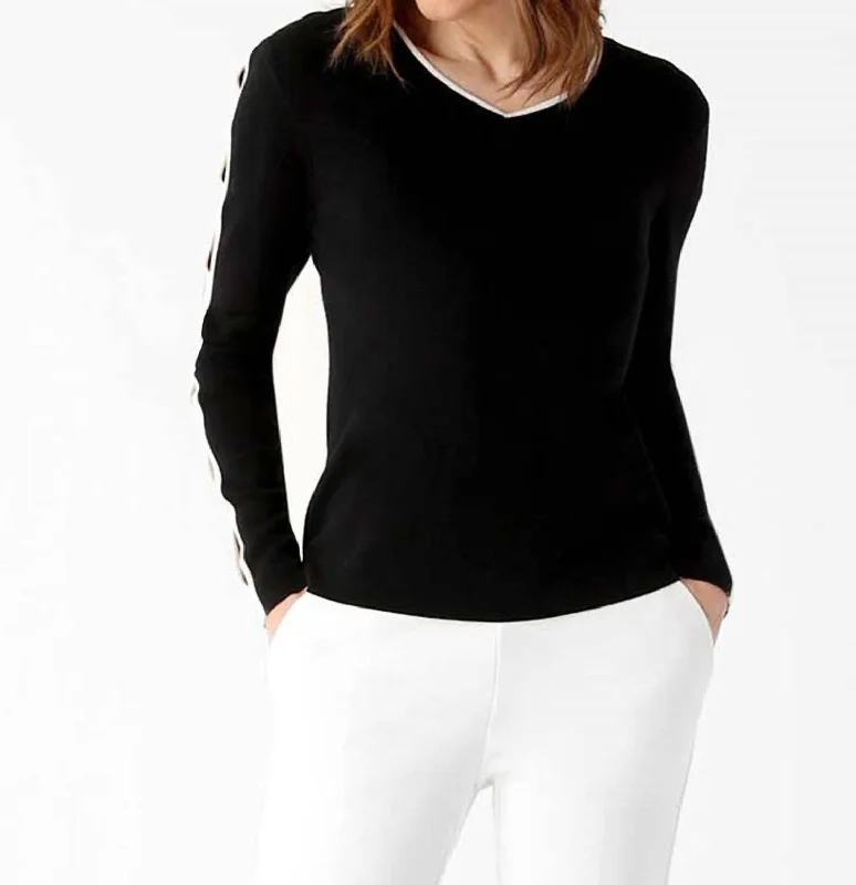 Jane V-Neck Sweater In Black/whiteEmbroidered Knit Tops