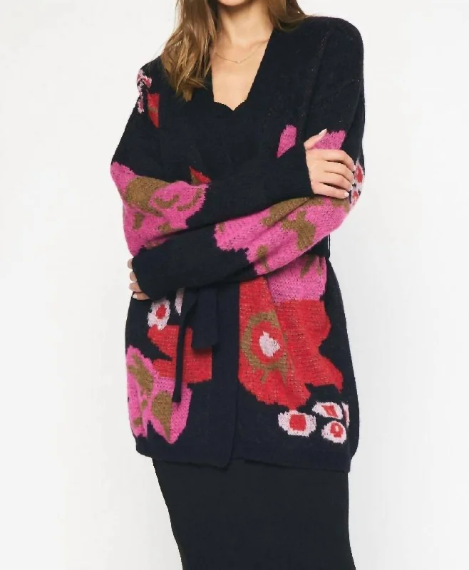 Kelly Cardigan In Black FloralLayered Knit Tops