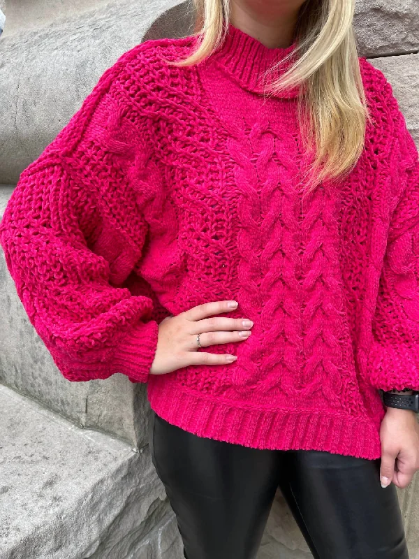 Lily Mock Neck Sweater In MagentaRetro Knit Tops