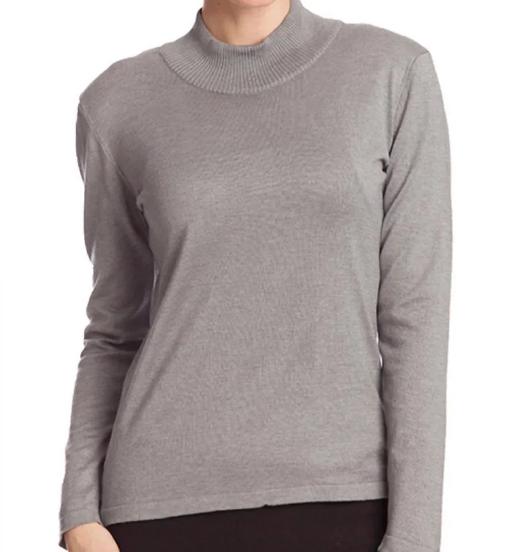 Long Sleeve Mock Neck Pullover In GrayRetro Knit Tops