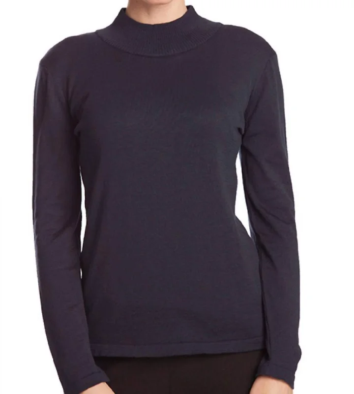 Long Sleeve Mock Neck Pullover In NavyRunning Knit Tops