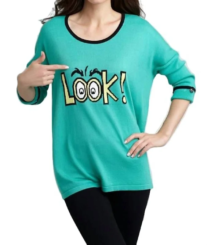 Look Graphic Sweater In TealStreetwear Knit Tops