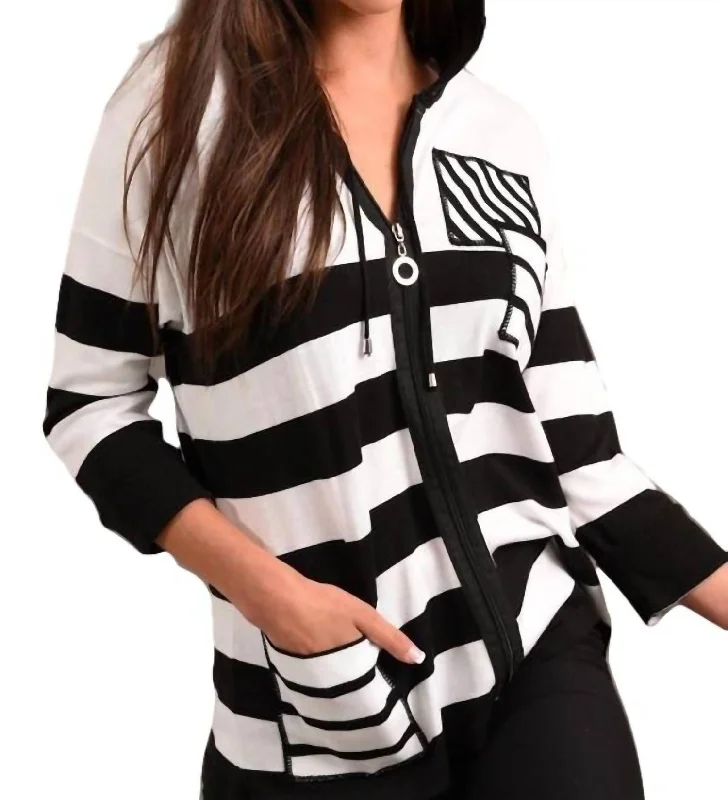 Multi Stripe Sleeve Hooded Cardigan In Black/multiRibbed Knit Tops