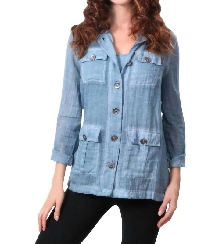 Oil Wash Hooded Button-Up Cardigan In DenimFleece Knit Tops