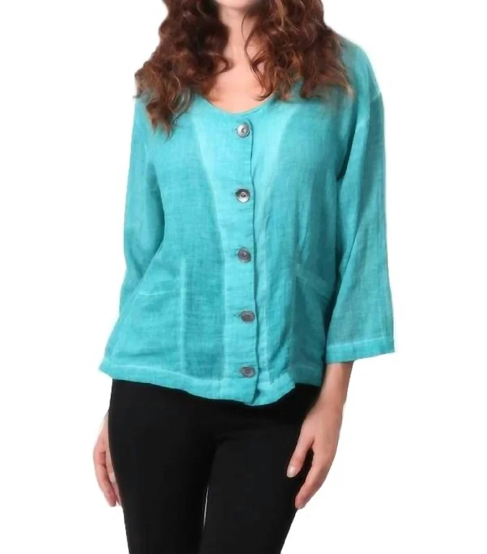 Oil Wash Pocket Cardigan In TealHemp Knit Tops