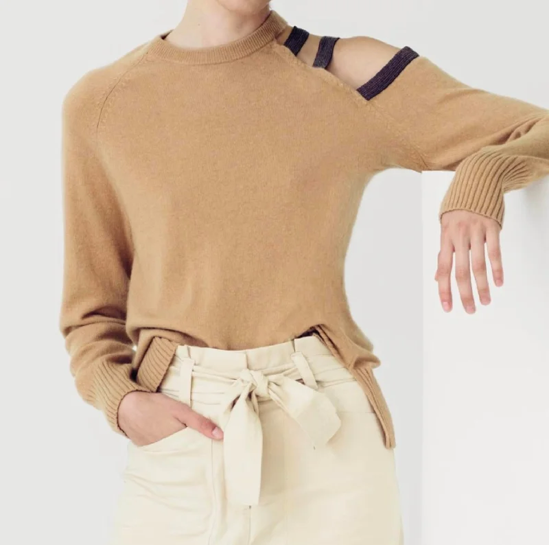 Open Shoulder Embellished Sweater In CamelLogo Knit Tops