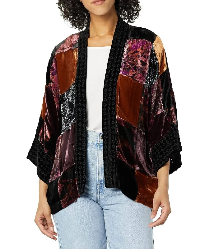 Patchwork Velvet Cropped Kimono In MultiFringed Knit Tops