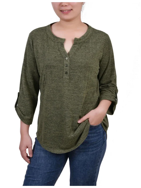 Petites Womens Knit Space Dyed Pullover SweaterRecycled Fabric Knit Tops