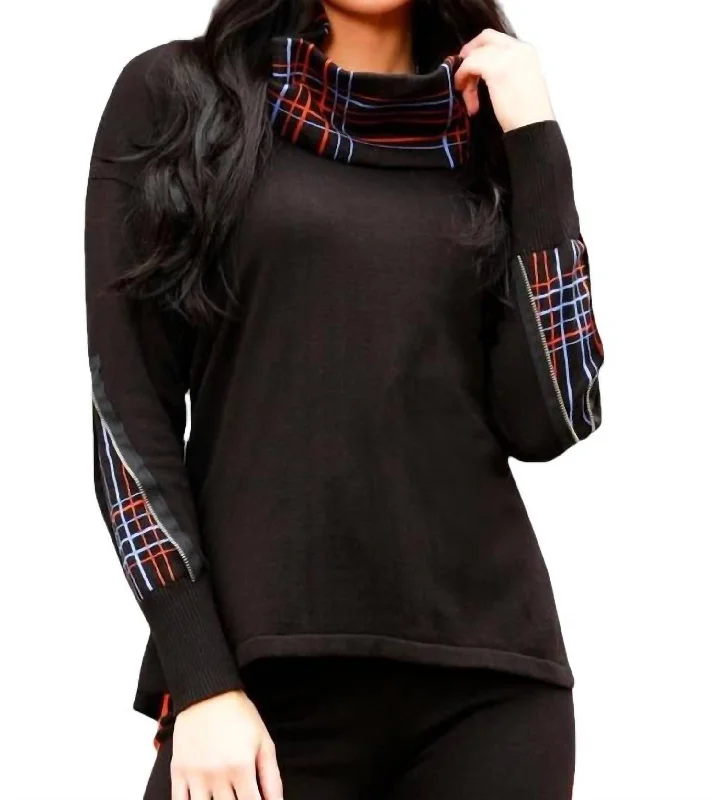 Plaid Sweater With Scarf In Black/multiFall Knit Tops