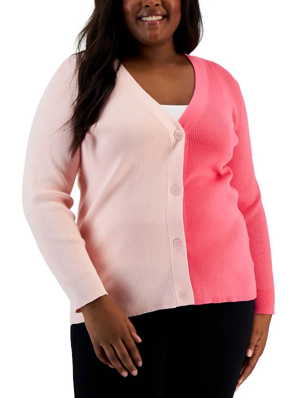 Plus Womens Colorblock Ribbed Cardigan SweaterCropped Knit Tops