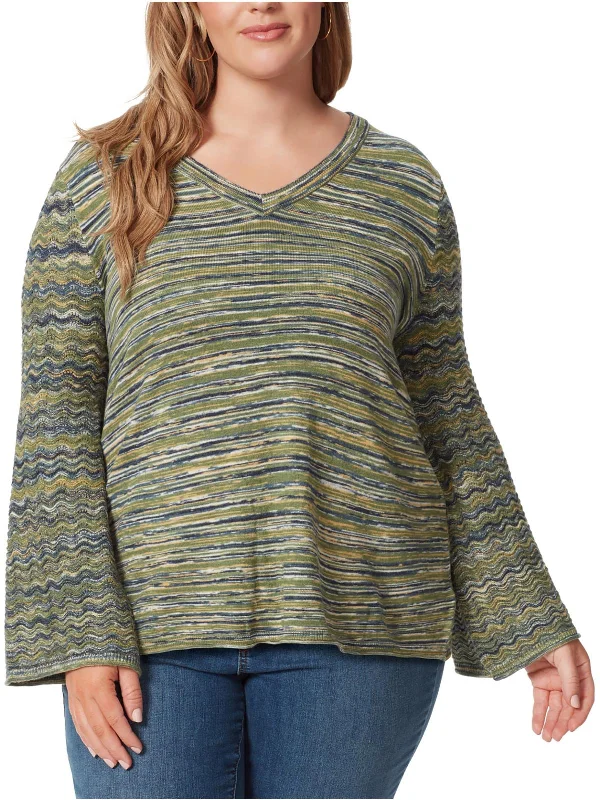 Plus Womens Open Stitch Space Dye V-Neck SweaterRibbed Knit Tops