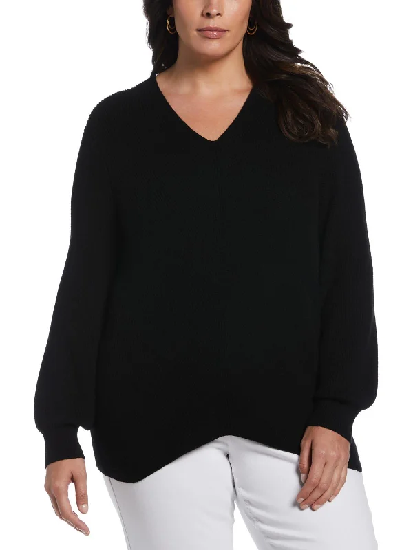 Plus Womens Ribbed Knit V-Neck Sweater