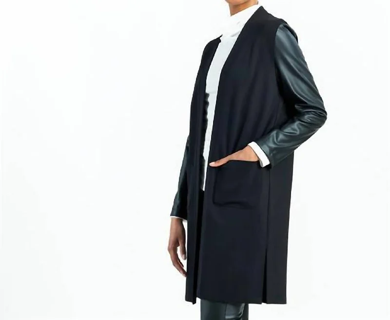 Ponte + Liquid Leather Sleeve Cardigan In BlackLimited Edition Knit Tops