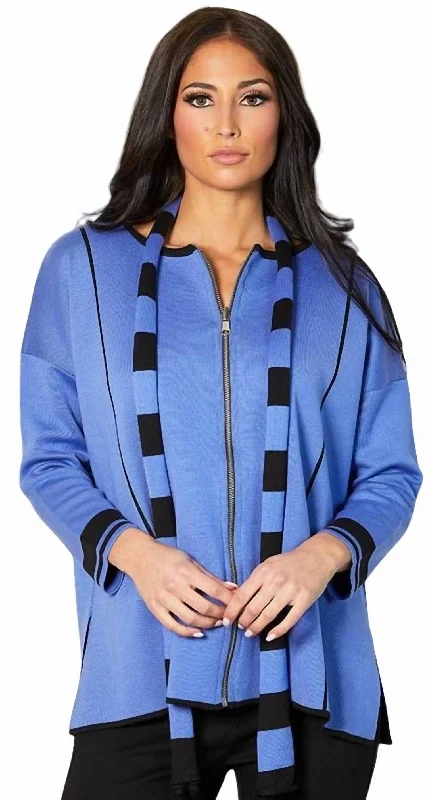 Reversible Zip Poncho With Stripe Scarf In PeriwinkleStriped Knit Tops