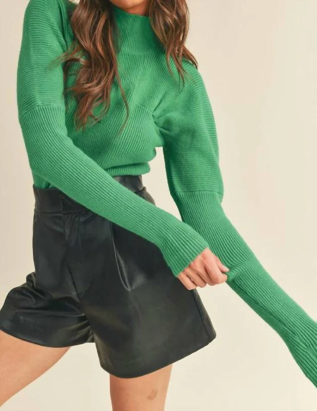 Ribbed Mock Neck Sweater In GreenUrban Knit Tops