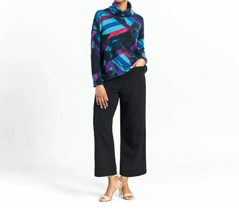 Ribbon Print Turtleneck Sweater W/tipped Hem In Turquoise MultiSports Team Knit Tops