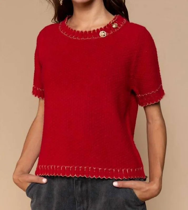 Round Neck With Gold Button Detail Sweater In RubyWinter Knit Tops