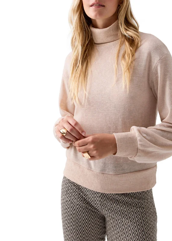 Ruched Sleeve Turtleneck Top In Toasted MarshmallowLace Knit Tops