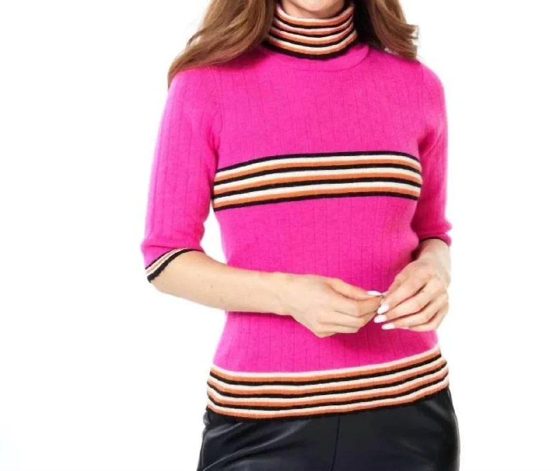 Scallop & Stripe Edge Turtleneck Sweater In FushiaUrban Knit Tops