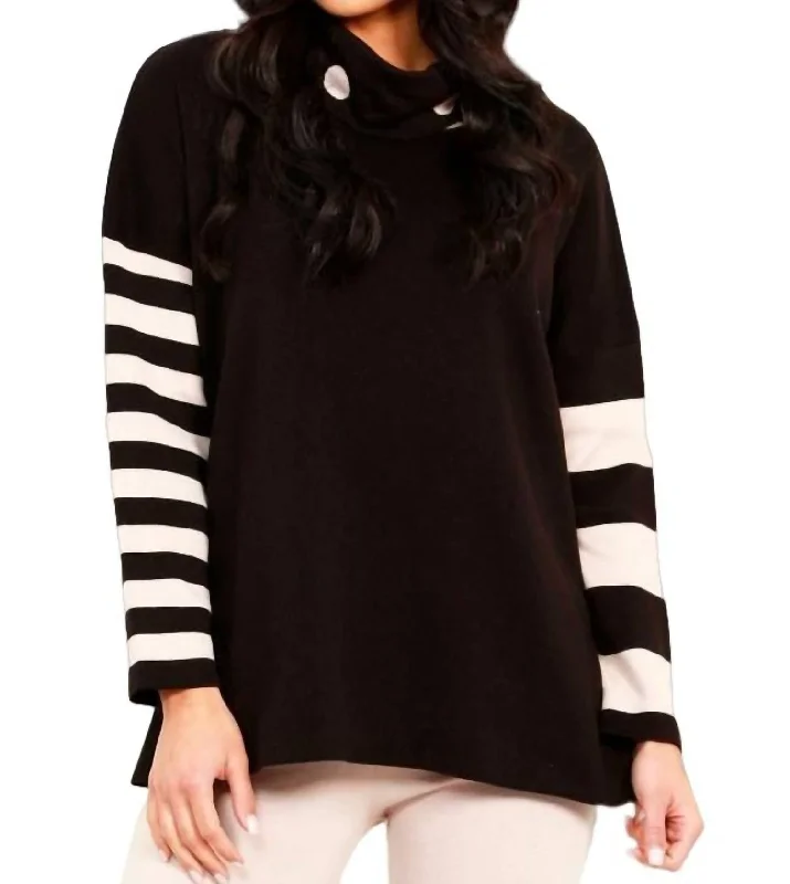 Stripe And Dot Poncho In Black/stoneFringed Knit Tops