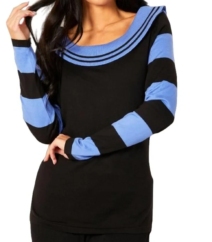 Stripe Cowl Neck Sweater In Black/periwinkleLimited Edition Knit Tops