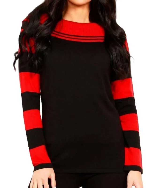 Stripe Cowl Neck Sweater In Black/redPocketed Knit Tops