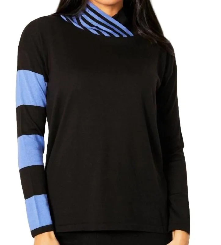 Stripe Funnel Neck Sweater In Black/periwinkleSheer Knit Tops