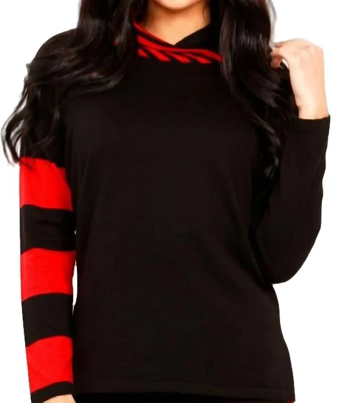 Stripe Funnel Neck Sweater In Black/redArtist Knit Tops