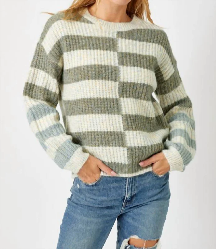 Stripe Round Neck Sweater In MultiButton-Up Knit Tops