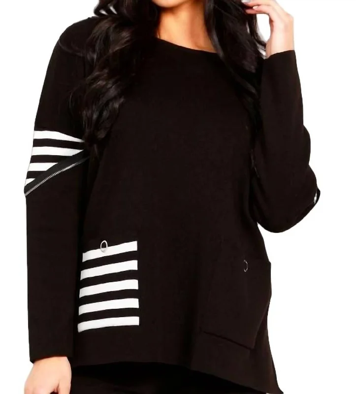 Striped Pocket Poncho In Black/whitePainted Knit Tops