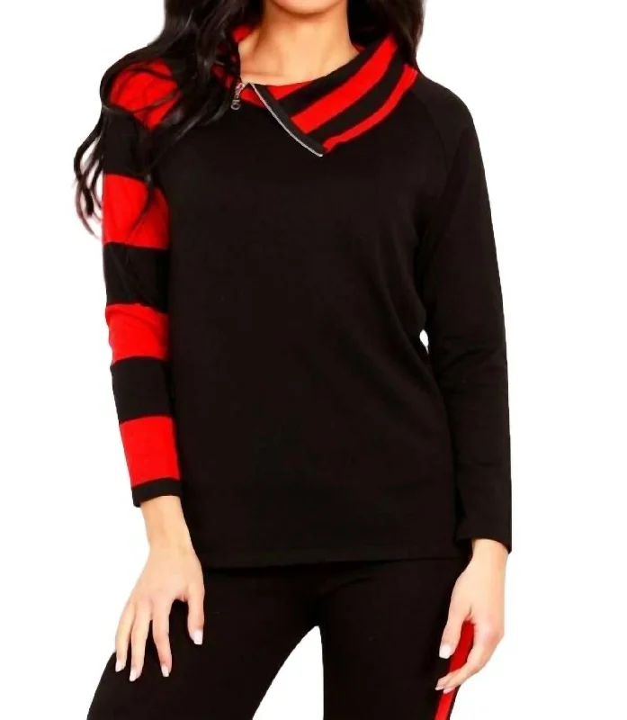 Striped Zip Neck Sweater In Black/redSequined Knit Tops